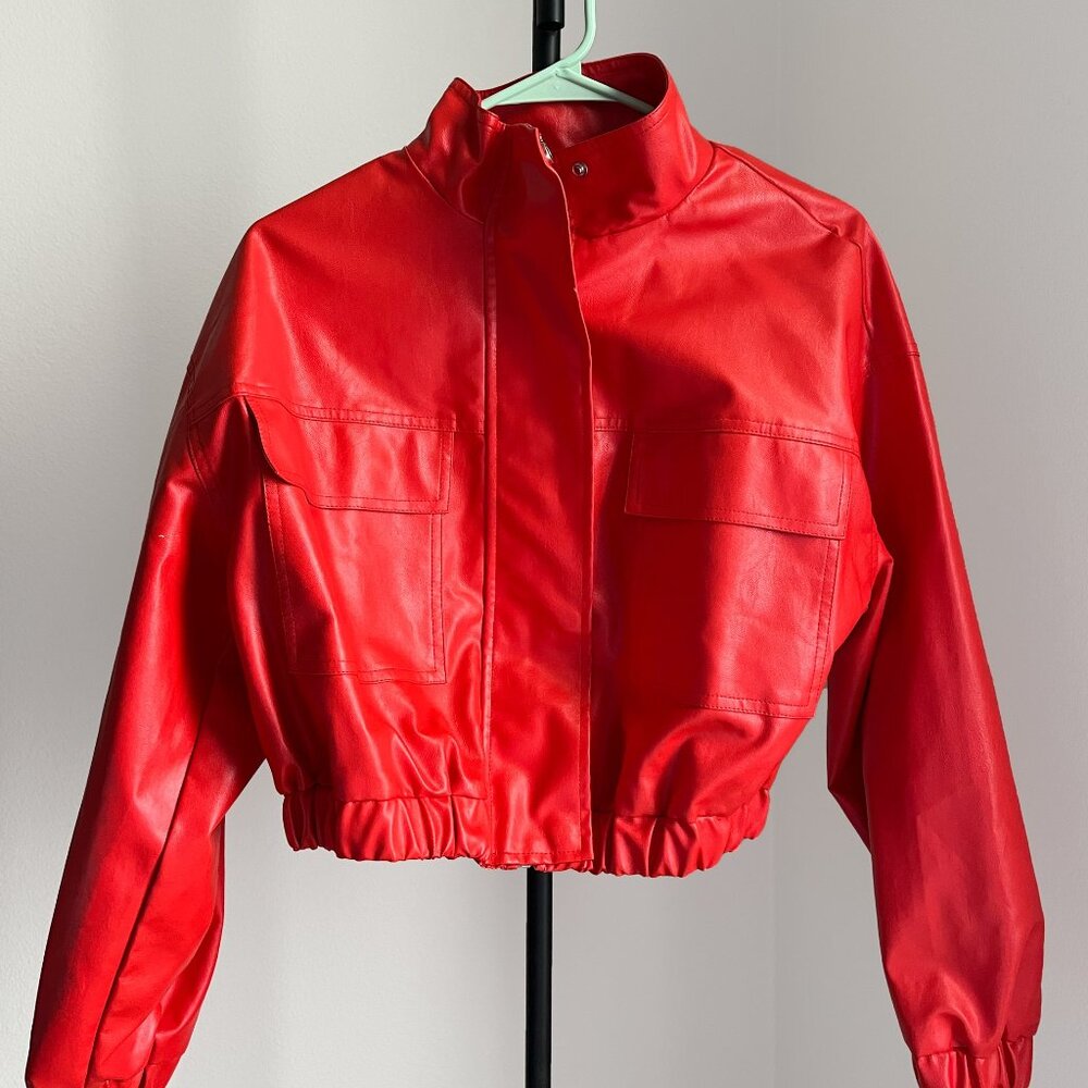 Firetruck Red Faux Leather Shein Biker Jacket, Size L